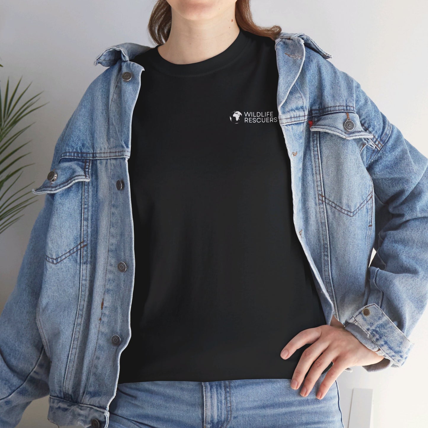 Front view of a person wearing Wildlife Rescuers' Protect the Elephant T-shirt in black color