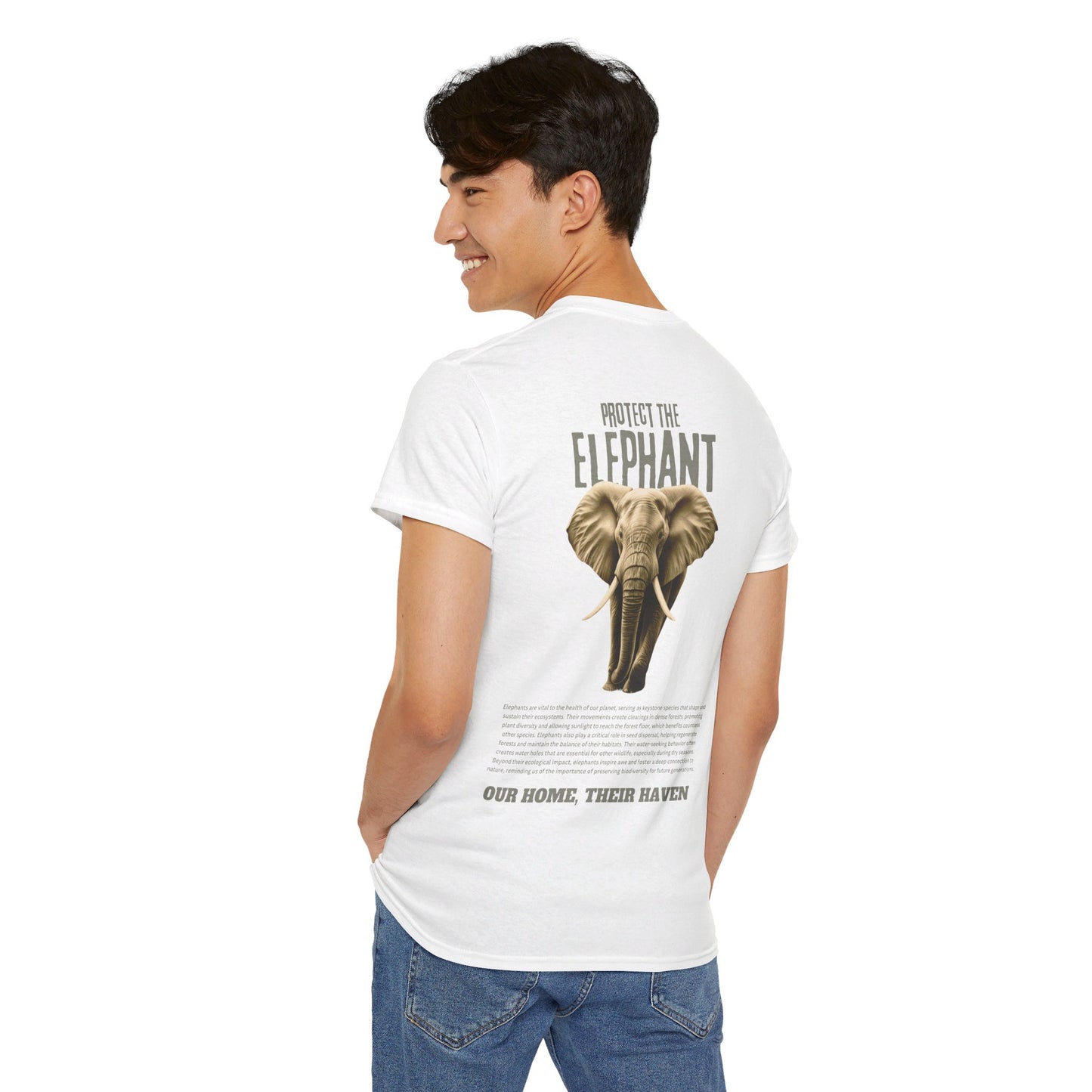Person wearing Wildlife Rescuers' Protect the Elephant T-shirt in white color