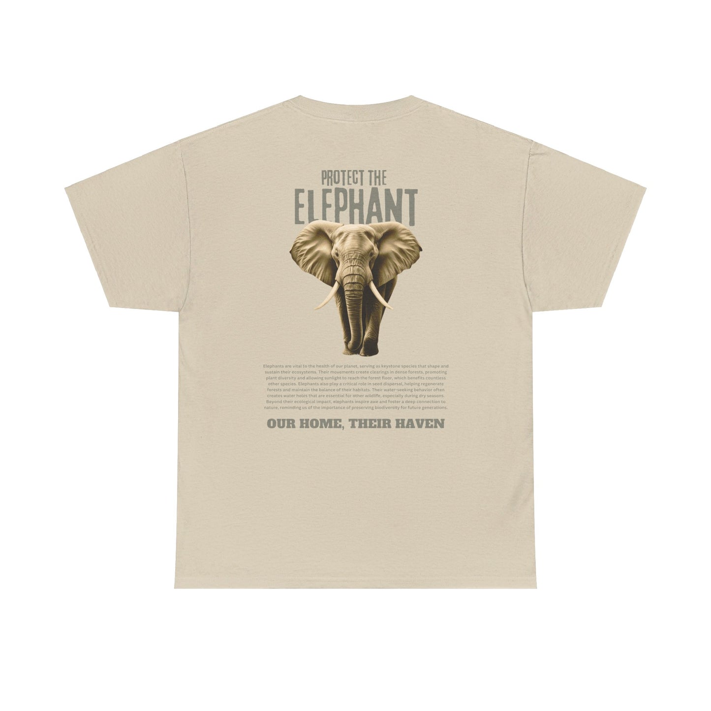 Back view of the sand colored "Protect the Elephant" T-shirt by Wildlife Rescuers