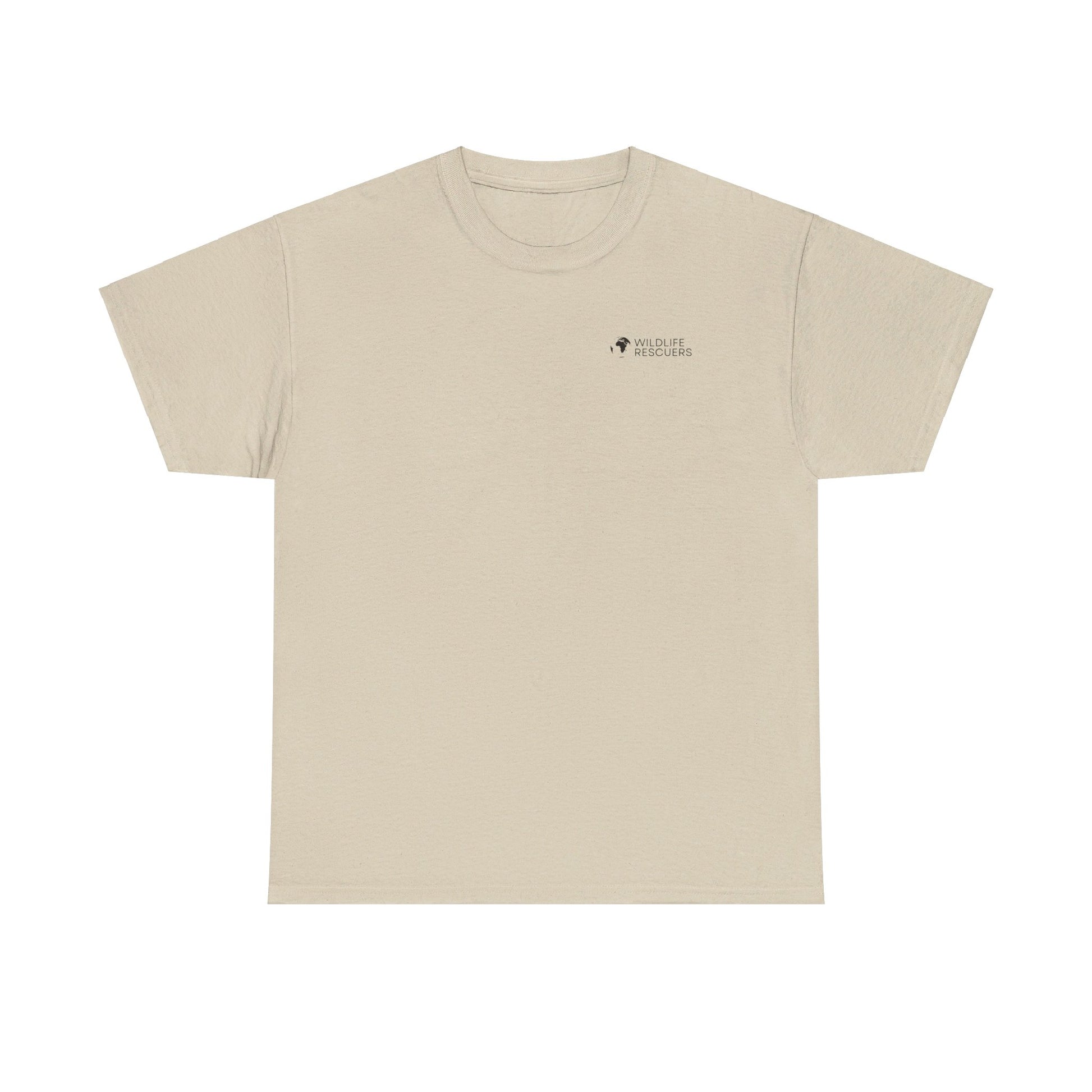 Front view of the sand-colored "Protect the Elephant" T-shirt by Wildlife Rescuers