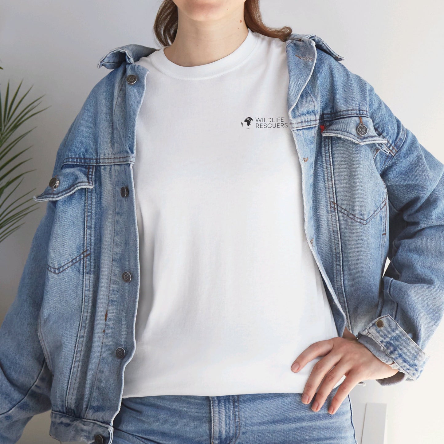 Front view of a person wearing Wildlife Rescuers' Protect the Elephant T-shirt in white color