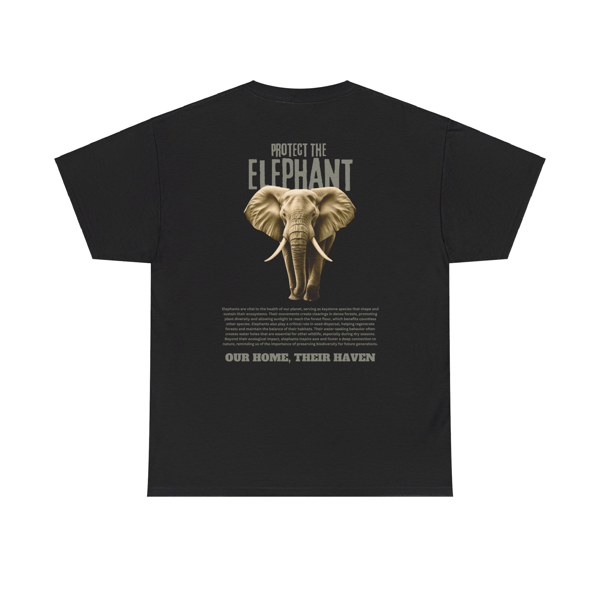 Back view of the black colored "Protect the Elephant" T-shirt by Wildlife Rescuers