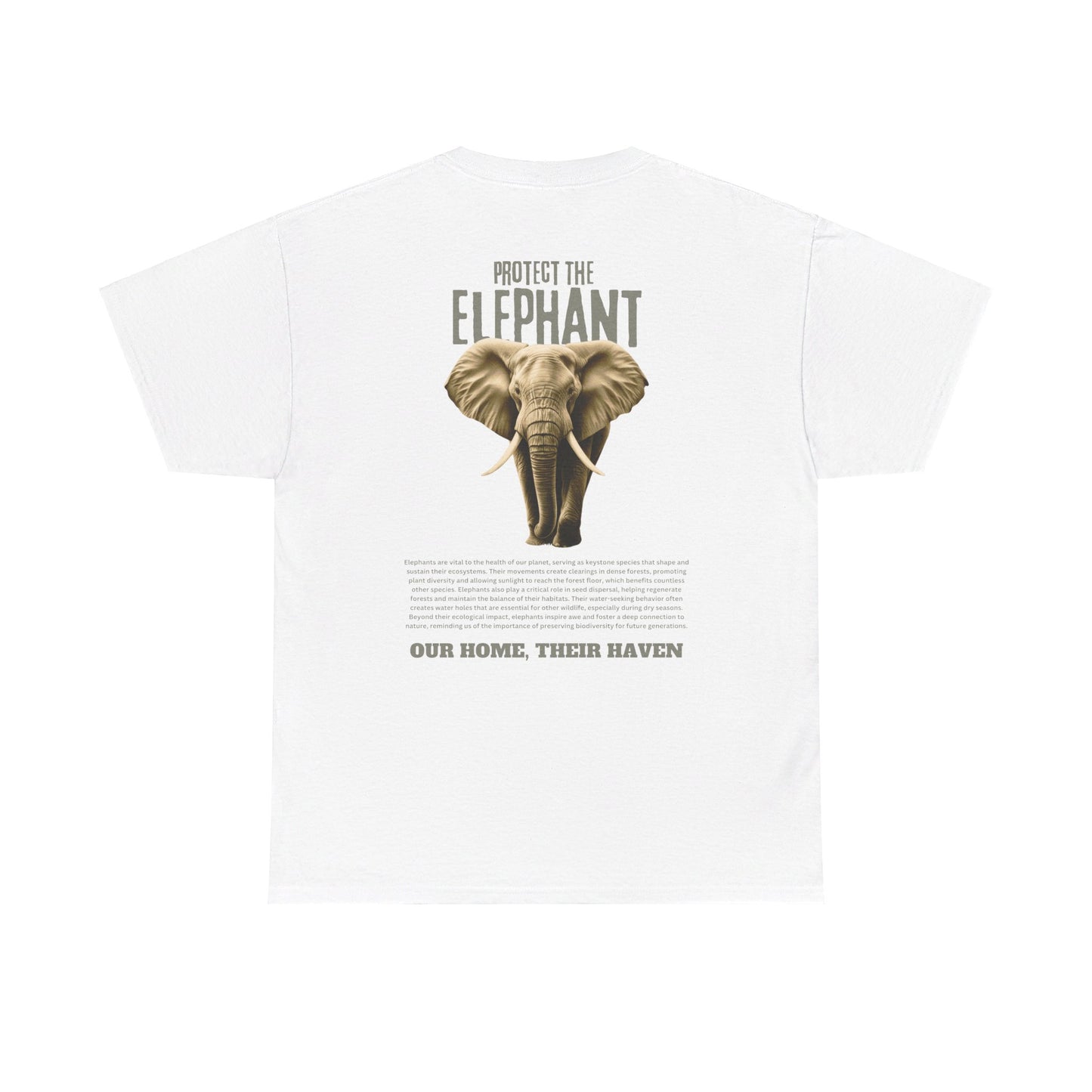 Back view of the white colored "Protect the Elephant" T-shirt by Wildlife Rescuers