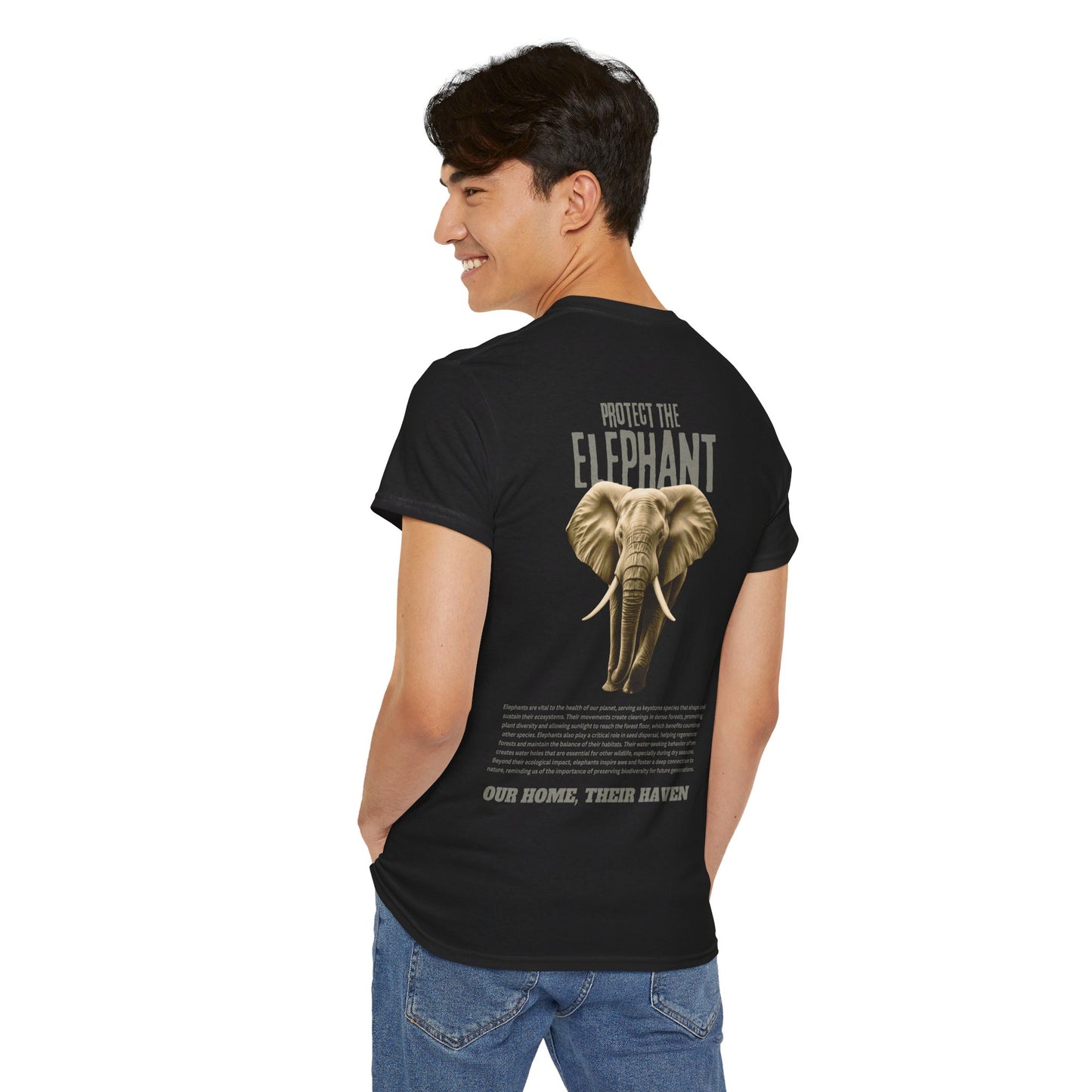 Person wearing Wildlife Rescuers' Protect the Elephant T-shirt in black color