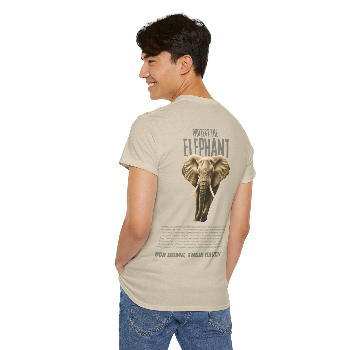 Person wearing Wildlife Rescuers' Protect the Elephant T-shirt in sand color