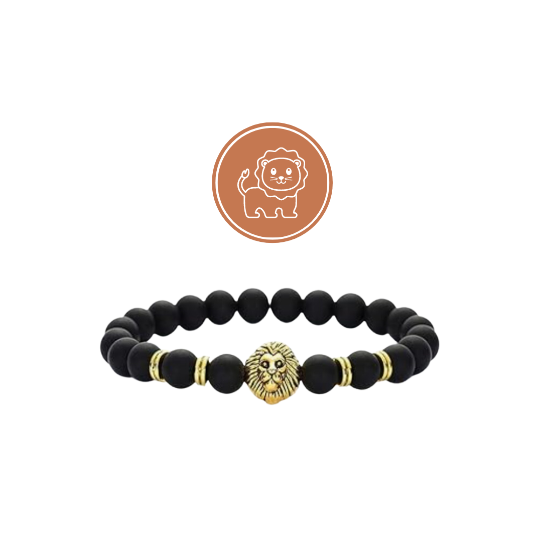 Black Stone Bead & Gold Plated Lion Bracelet