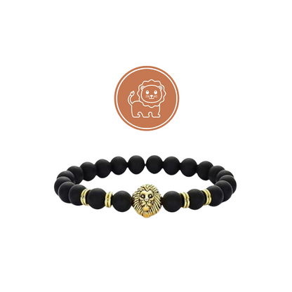 Black Stone Bead & Gold Plated Lion Bracelet