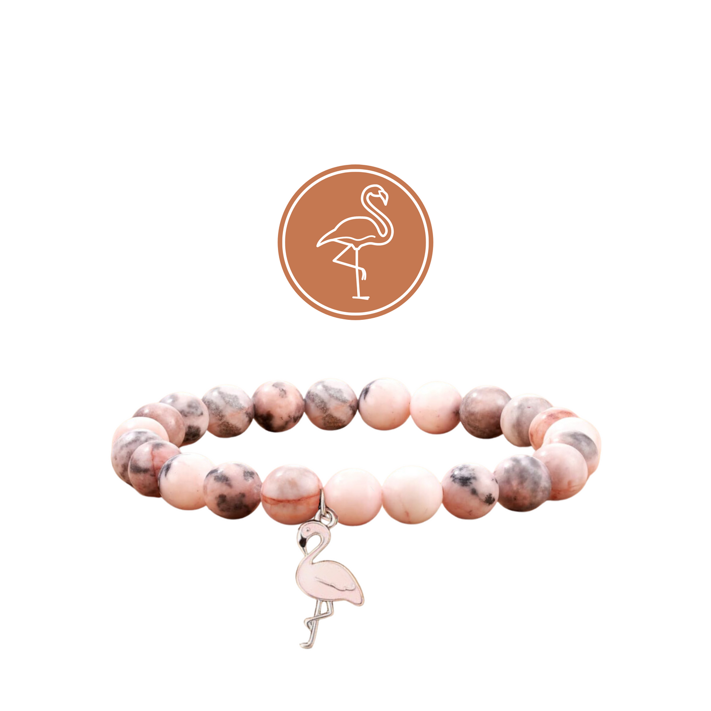 A stylish pink flamingo bracelet featuring vibrant beads and a delicate flamingo charm. 25% of the proceeds go to trusted wildlife charities supporting flamingo conservation.